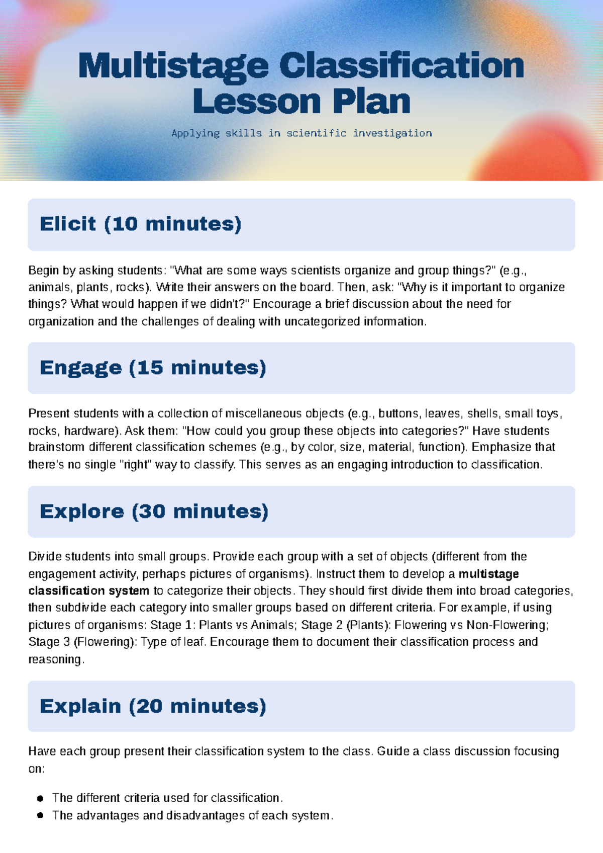 Multistage Classification Lesson Plan: Engaging Scientific Inquiry ...