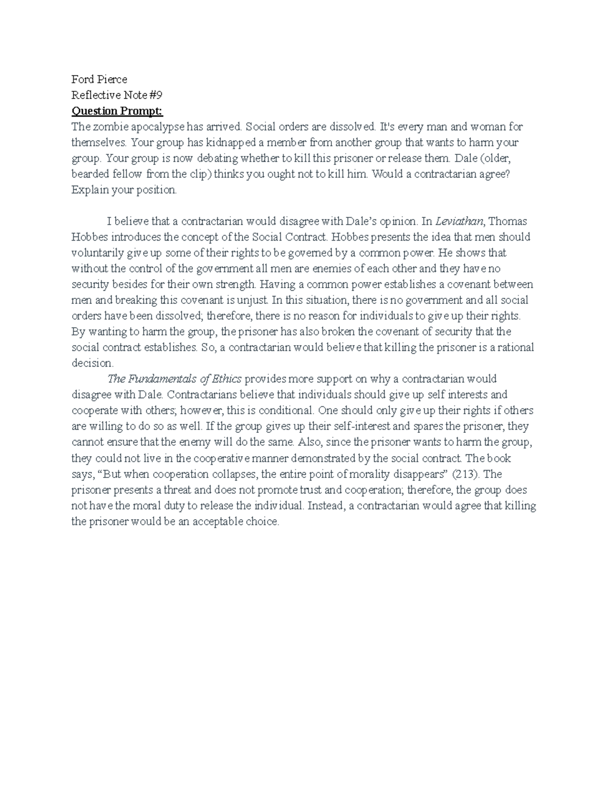 PHI 210 - Hobbes: Reflective Notes on Contractarian Ethics - Studocu