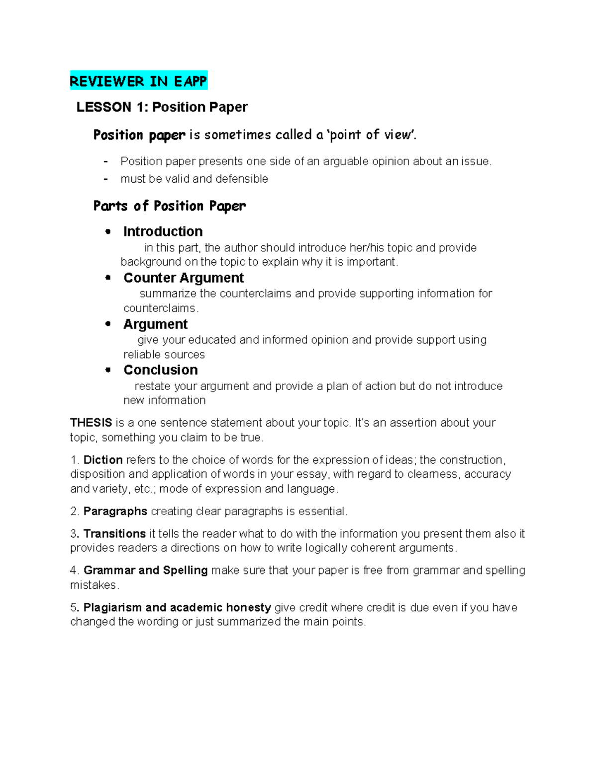 REVIEWER IN EAPP: Position Paper and Report Writing Techniques - Studocu