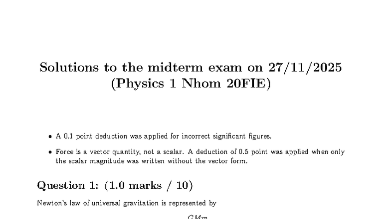 Midterm Exam Solutions for Physics 1 (G20FIE) - Studocu