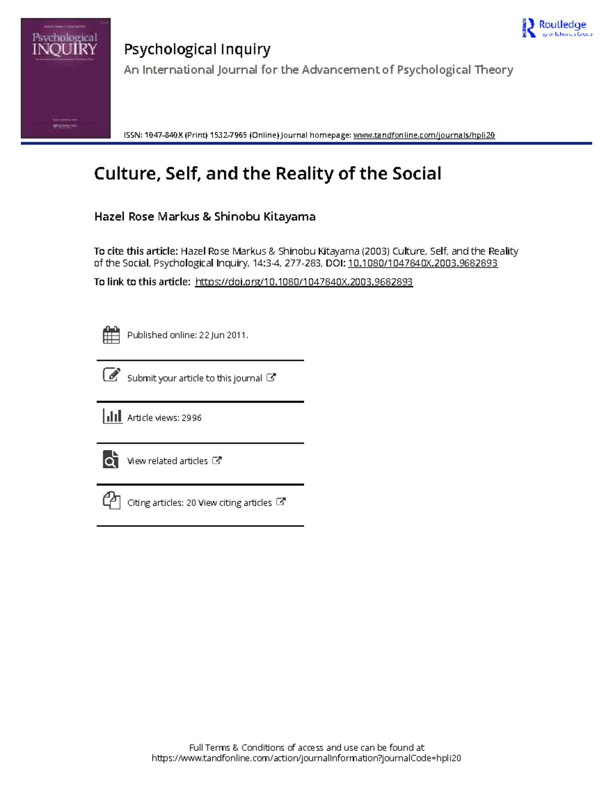 Culture, Self, and Social Reality: Insights from Markus & Kitayama ...
