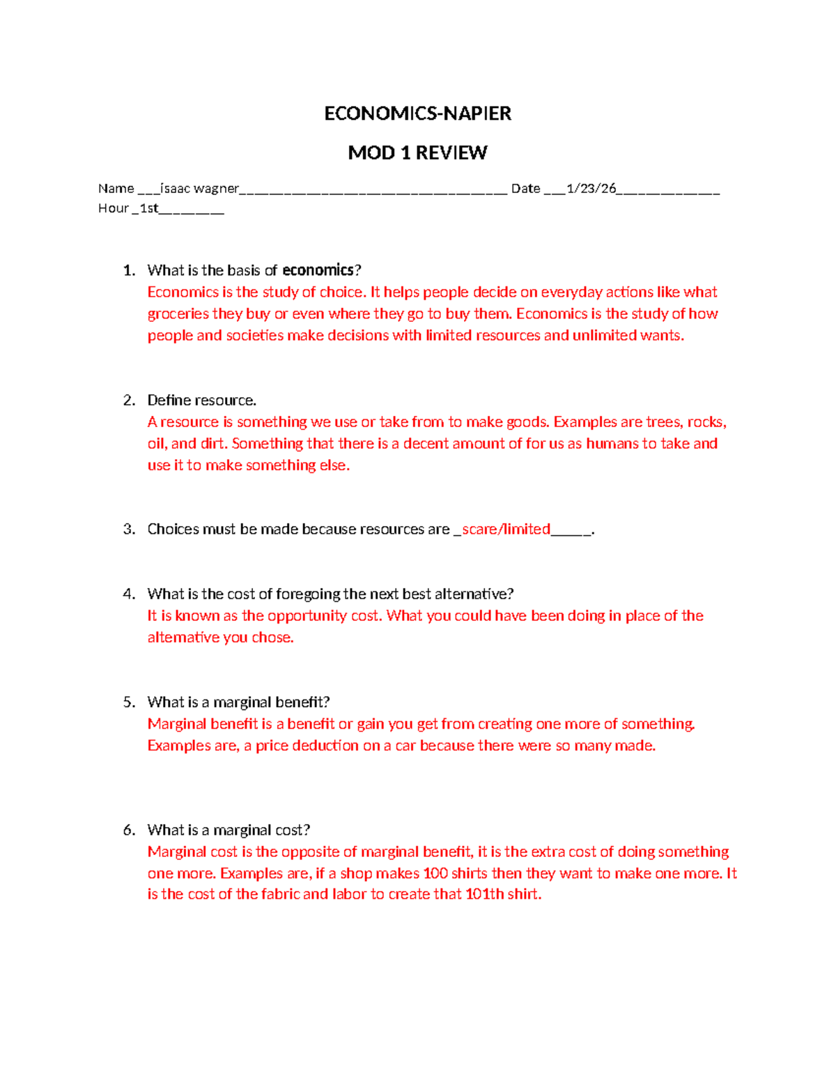 MOD 1 Review: Key Concepts in Economics and Resource Management - Studocu