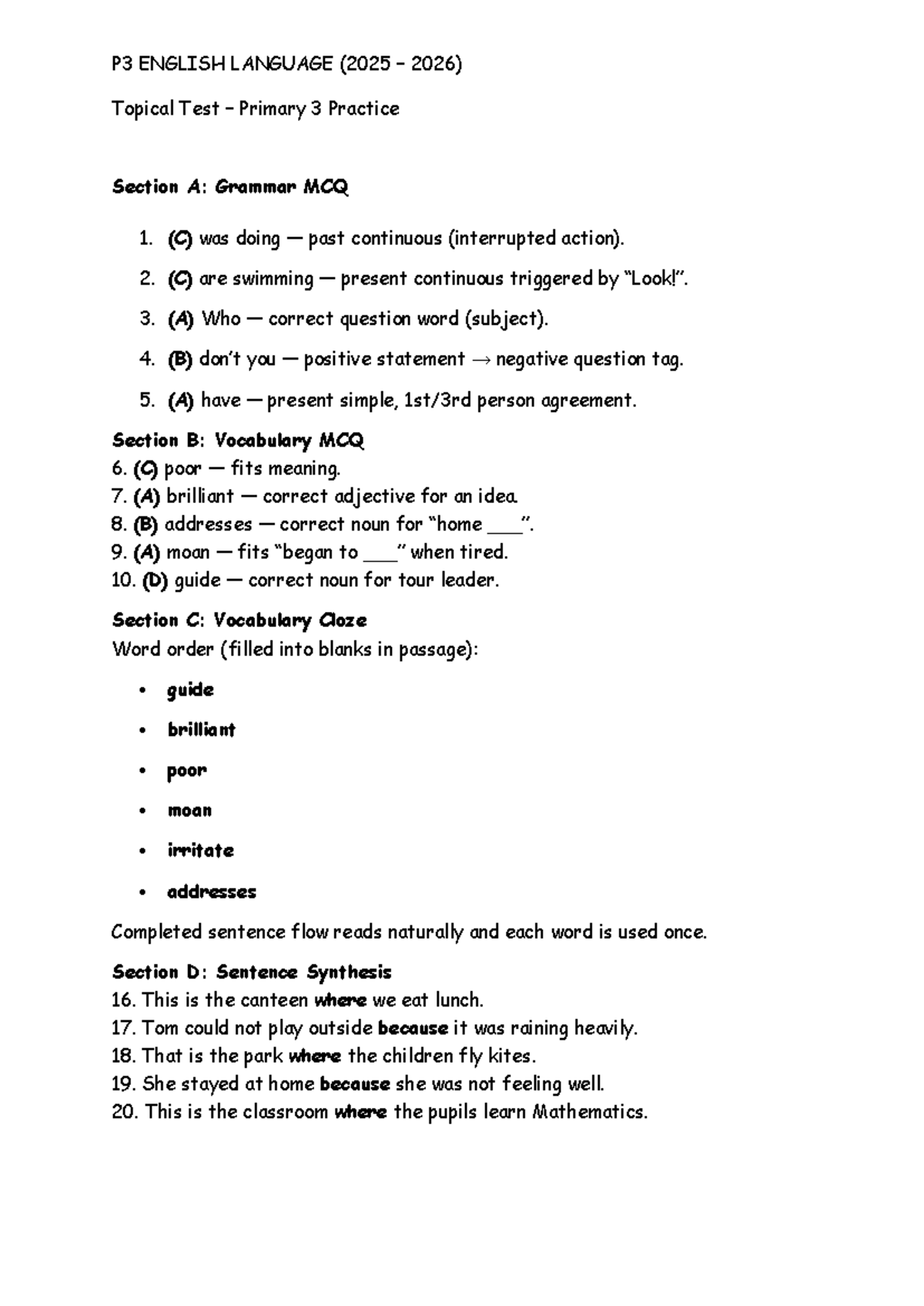 P3 ENGLISH LANGUAGE (2025-2026) Topical Test Answers - Studocu