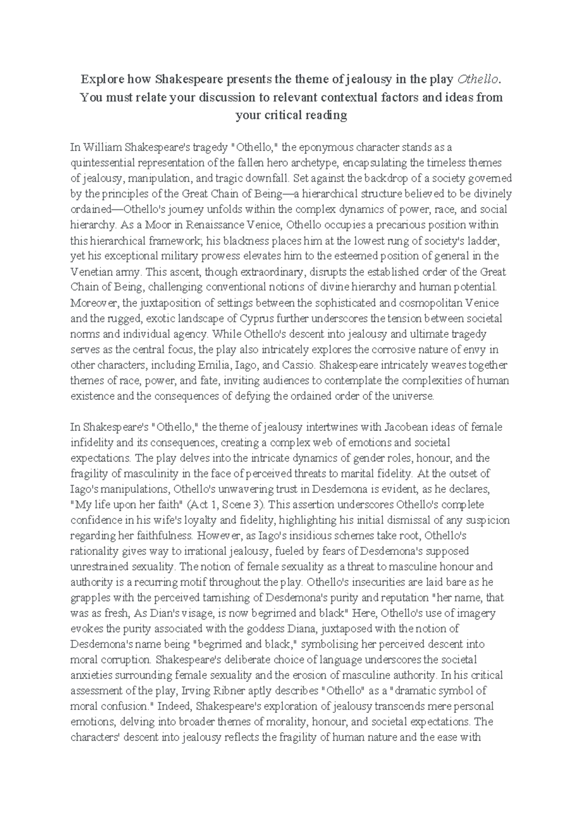 Shakespeare's Exploration of Jealousy in Othello (ENG 201 Essay) - Studocu