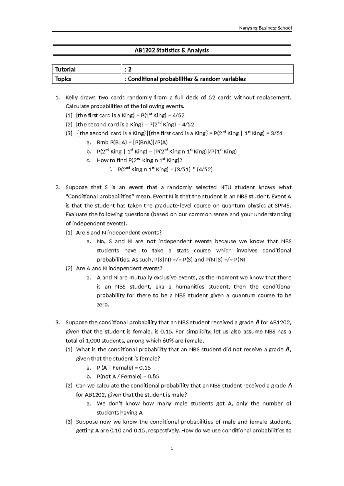 AB1202 Statistics Analysis Tutorial: Conditional Probabilities & Random ...