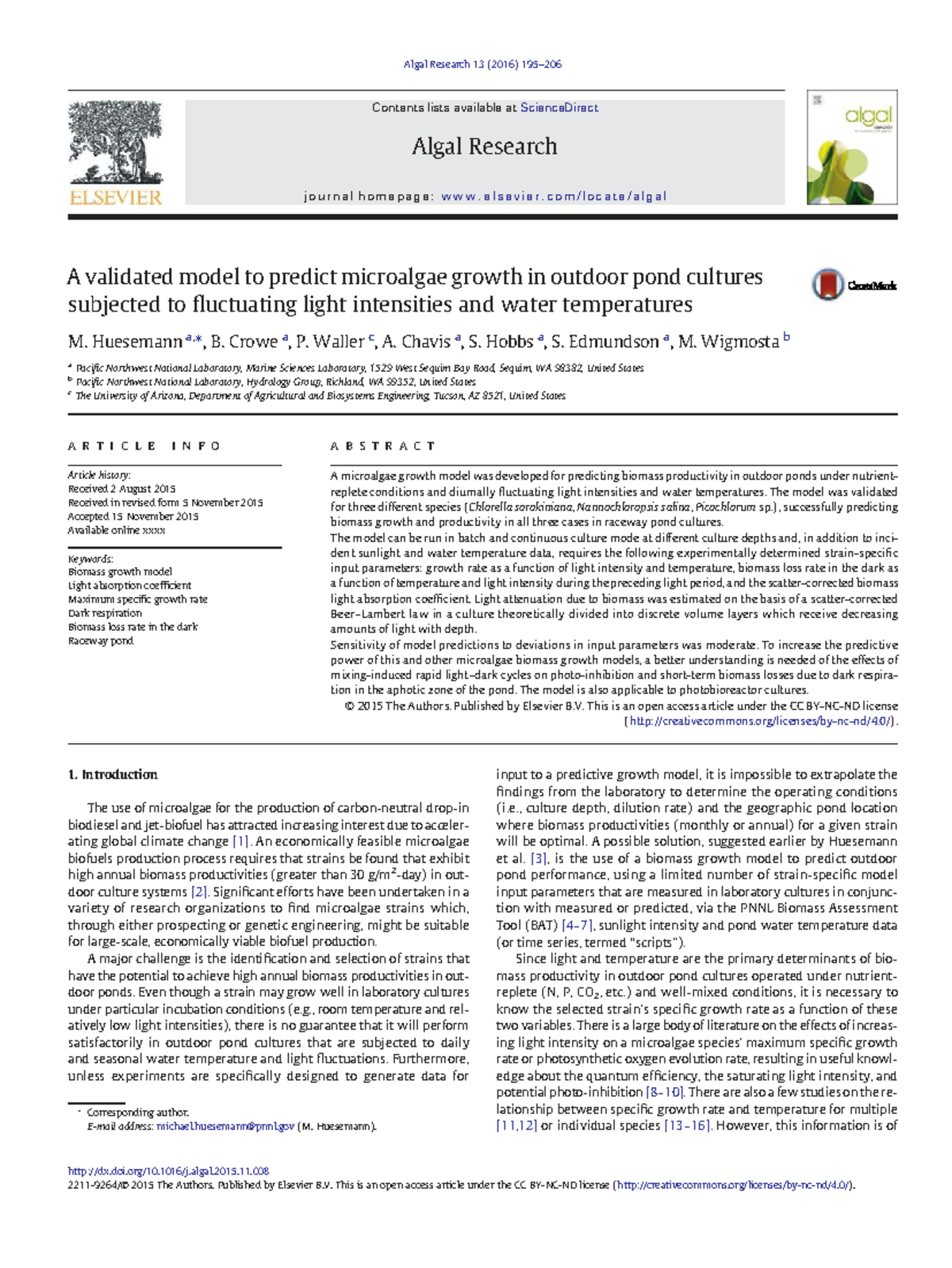 A Validated Model for Predicting Microalgae Growth in Outdoor Ponds ...