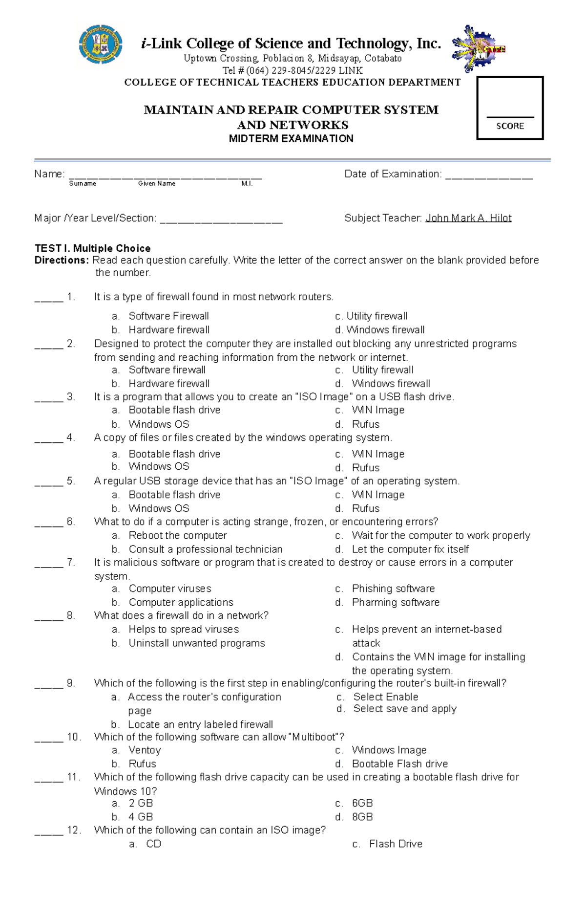 Midterm exam draft maintain - i-Link College of Science and Technology ...