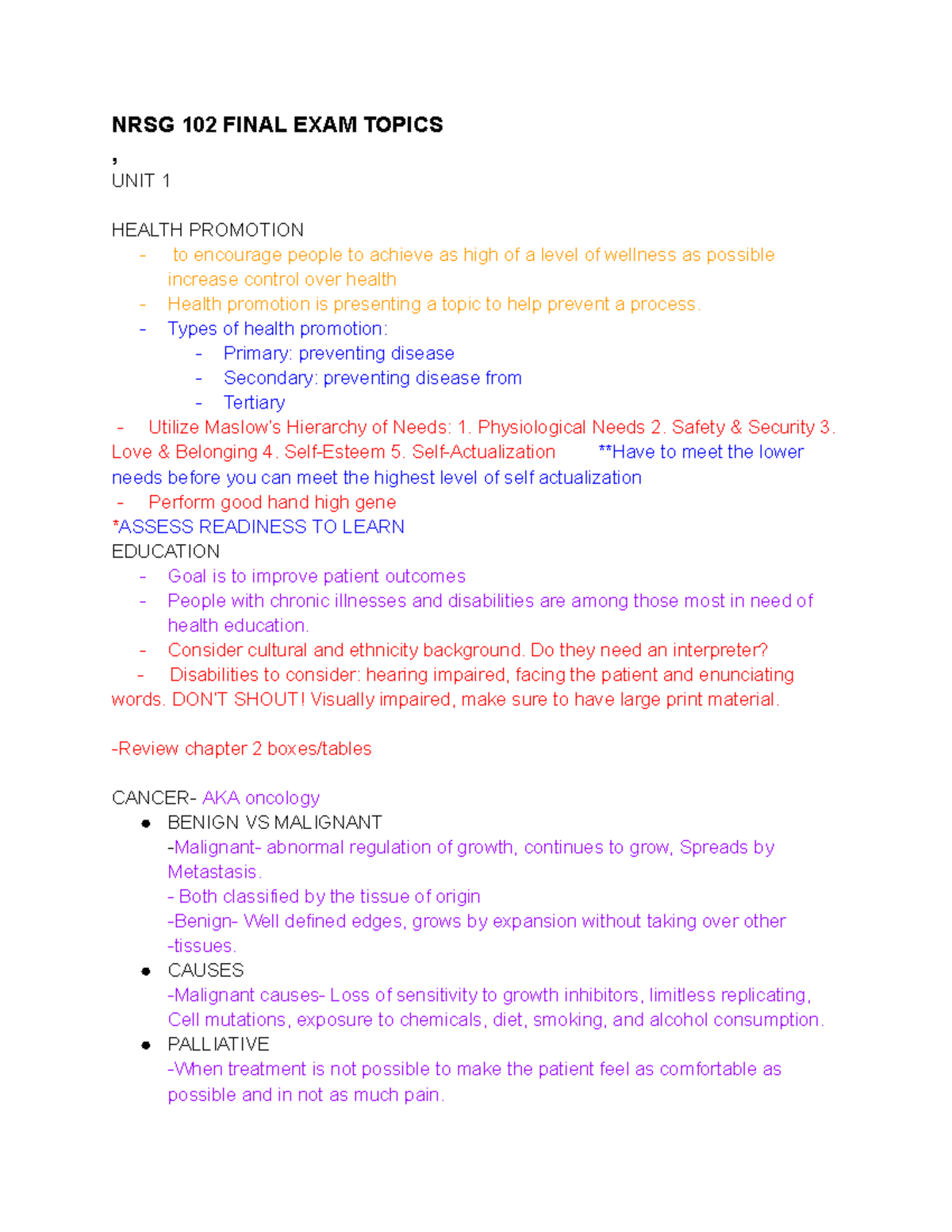 NRSG 102 Final Exam Study Guide: Key Topics and Highlights - Studocu