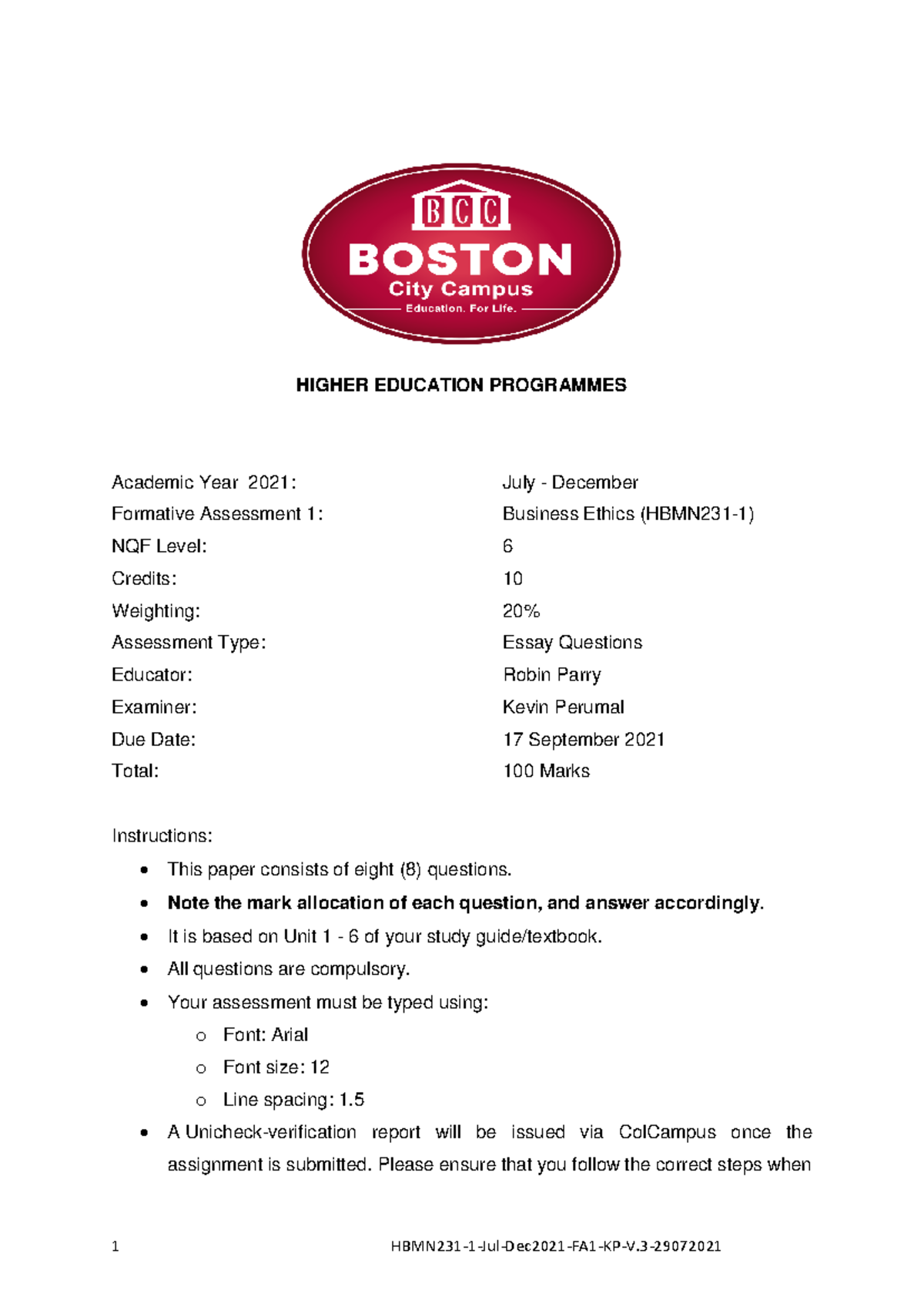 HBMN231 1 Jul-Dec 2021 FA1 Business Ethics Assessment Guide - Studocu