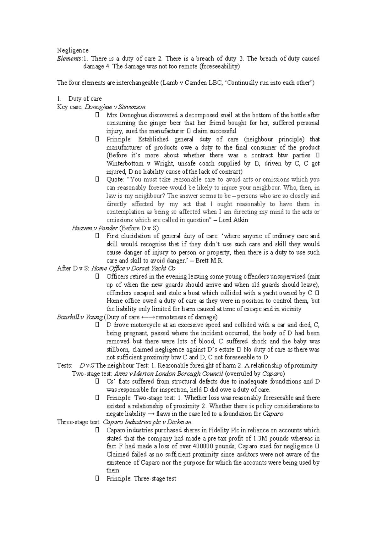 Tort Law - Negligence Elements and Key Cases Overview - Studocu