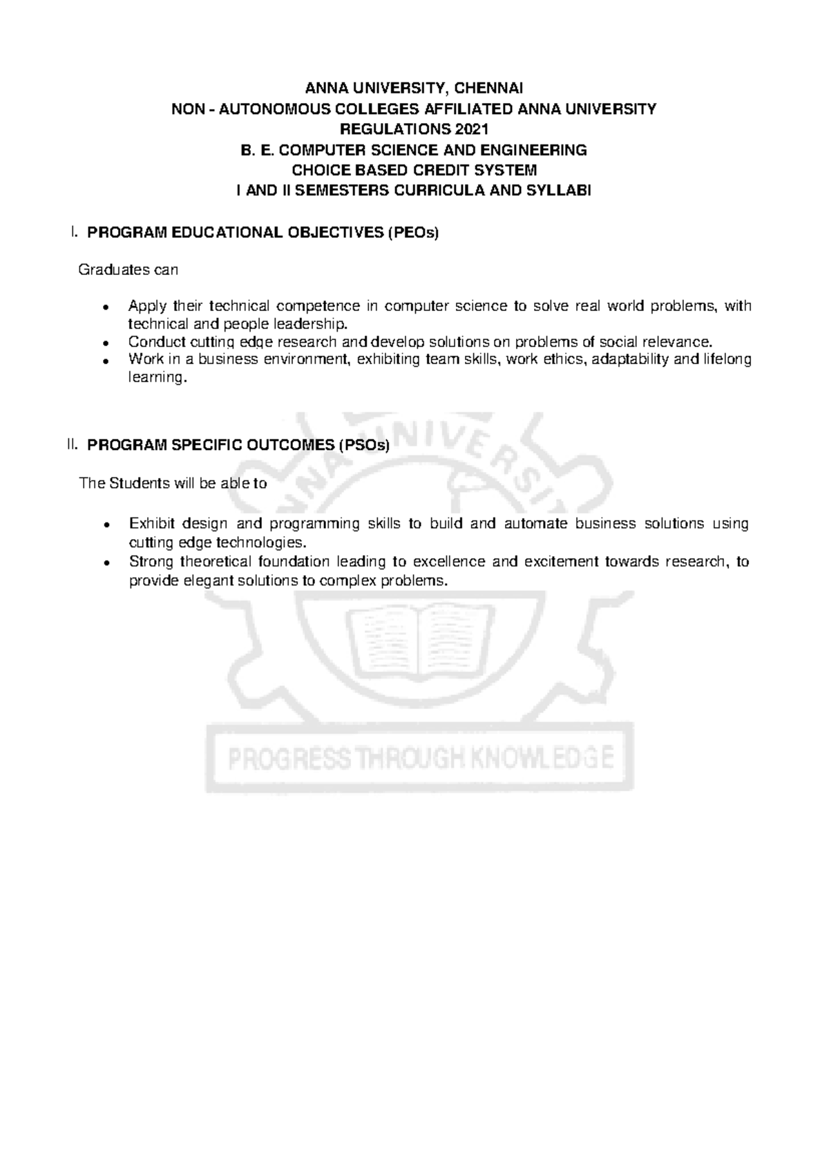 B.E. CSE Regulations 2021: I & II Semesters Curriculum Overview - Studocu