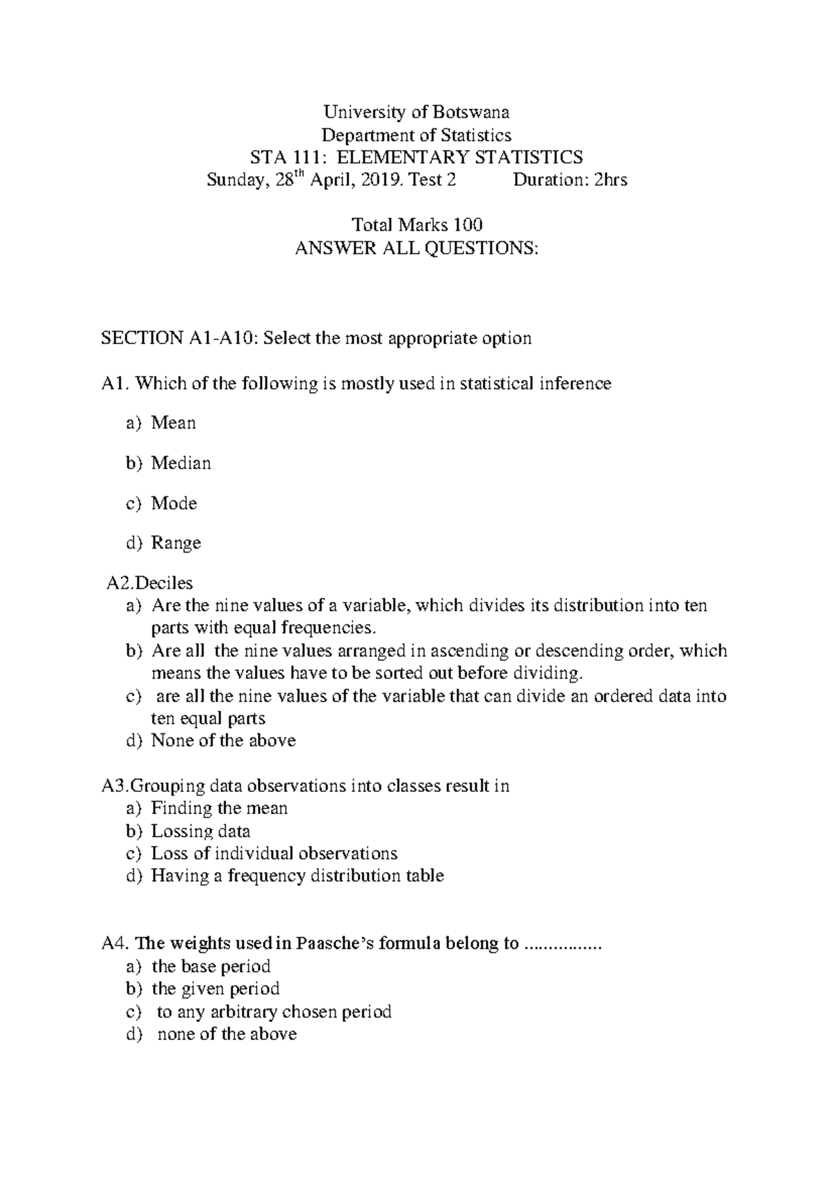 Test 2 Solutions for STA 111 - Elementary Statistics 2019 - Studocu