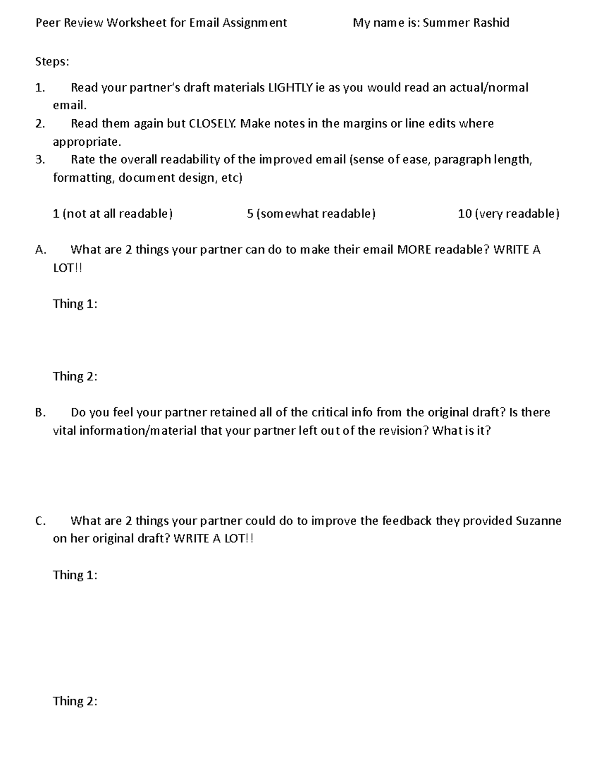 Email Peer Review Worksheet for Assignment: A Guide to Improvement ...