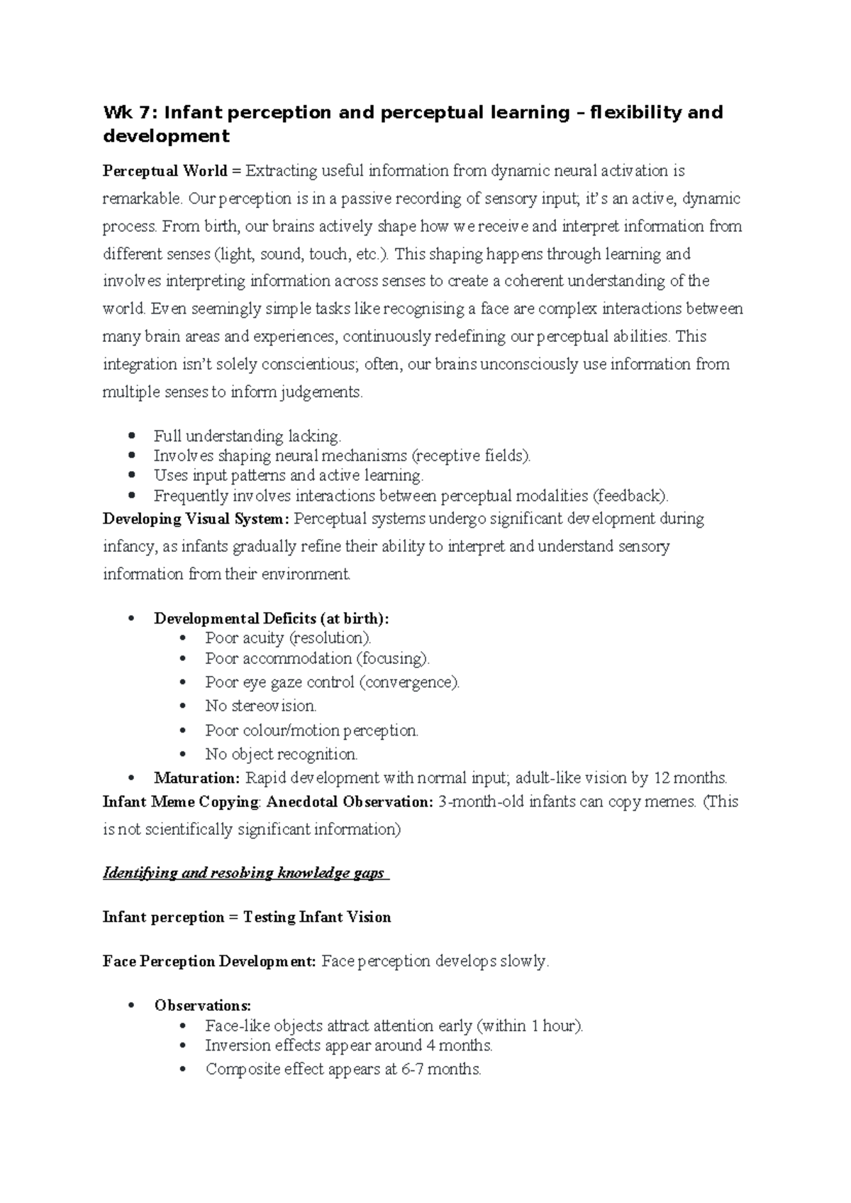Wk 7: Infant Perception & Learning Flexibility - Lecture Notes - Studocu