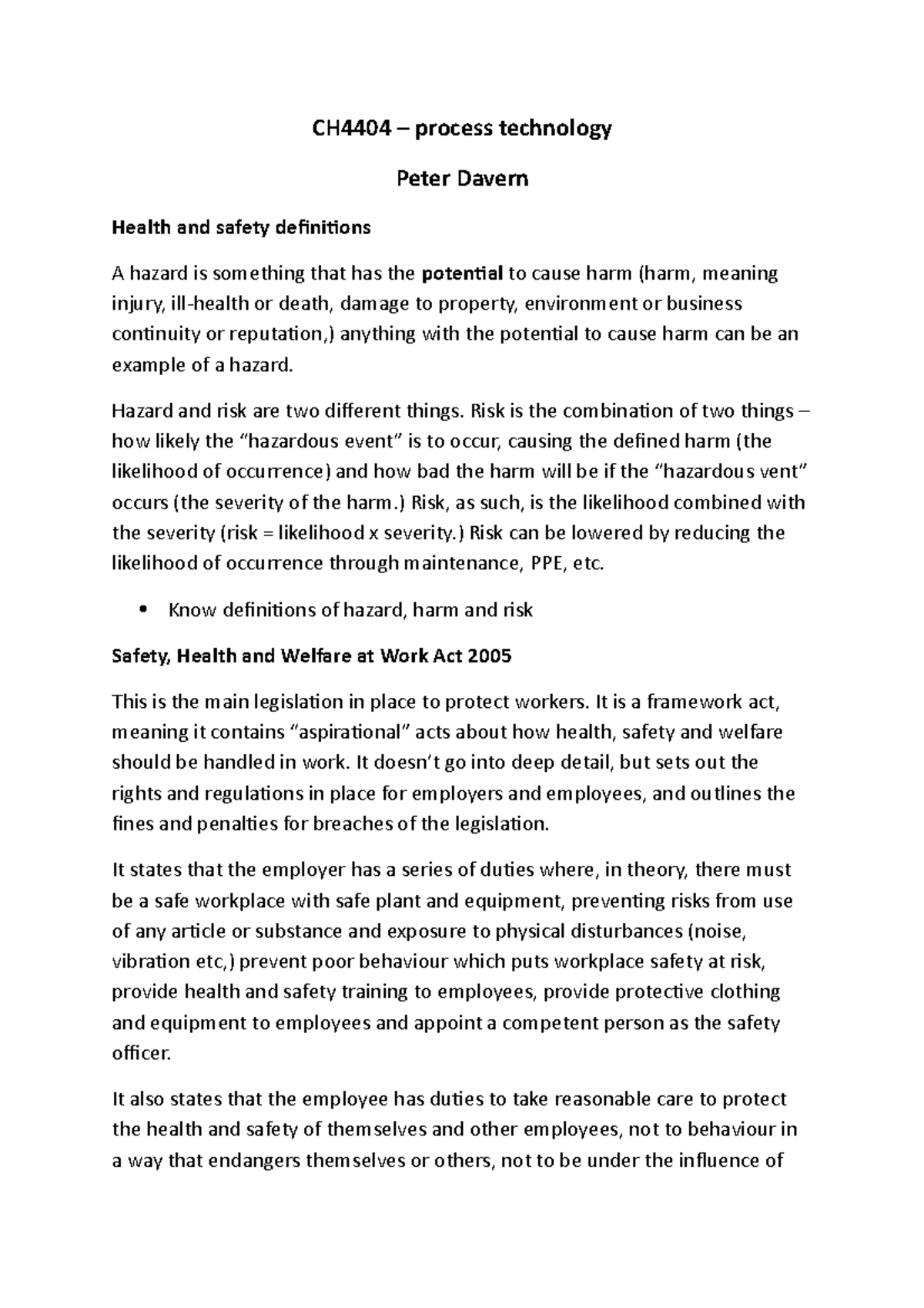 CH4404 - Lecture Notes on Hazards, Risks, and Chemical Safety - Studocu