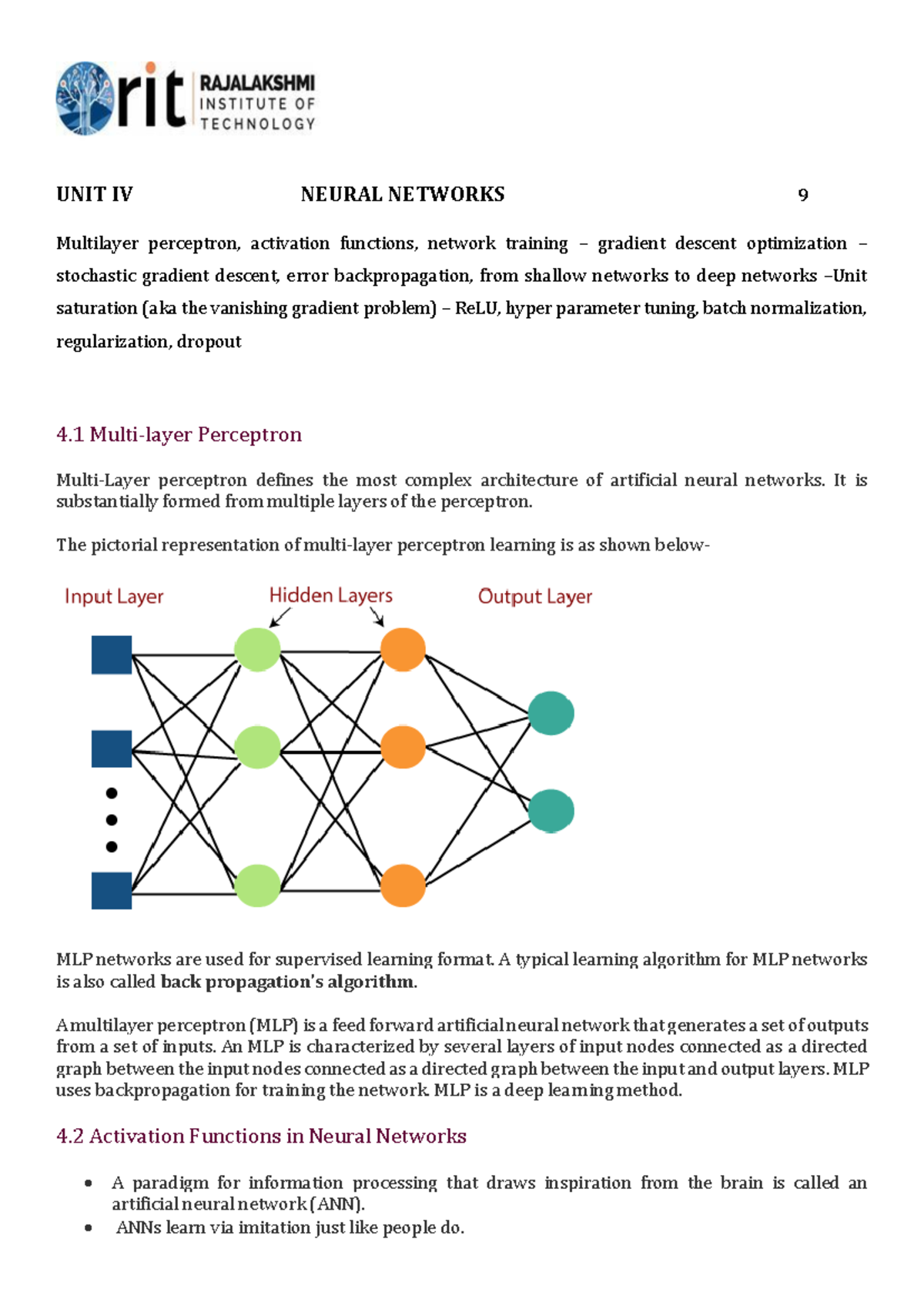 UNIT IV Neural Networks: MLP, Activation Functions & Training ...