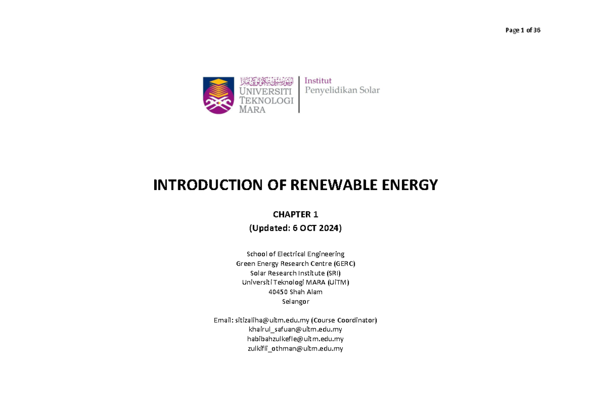 Chapter 1: Introduction to Renewable Energy Systems and Technologies ...