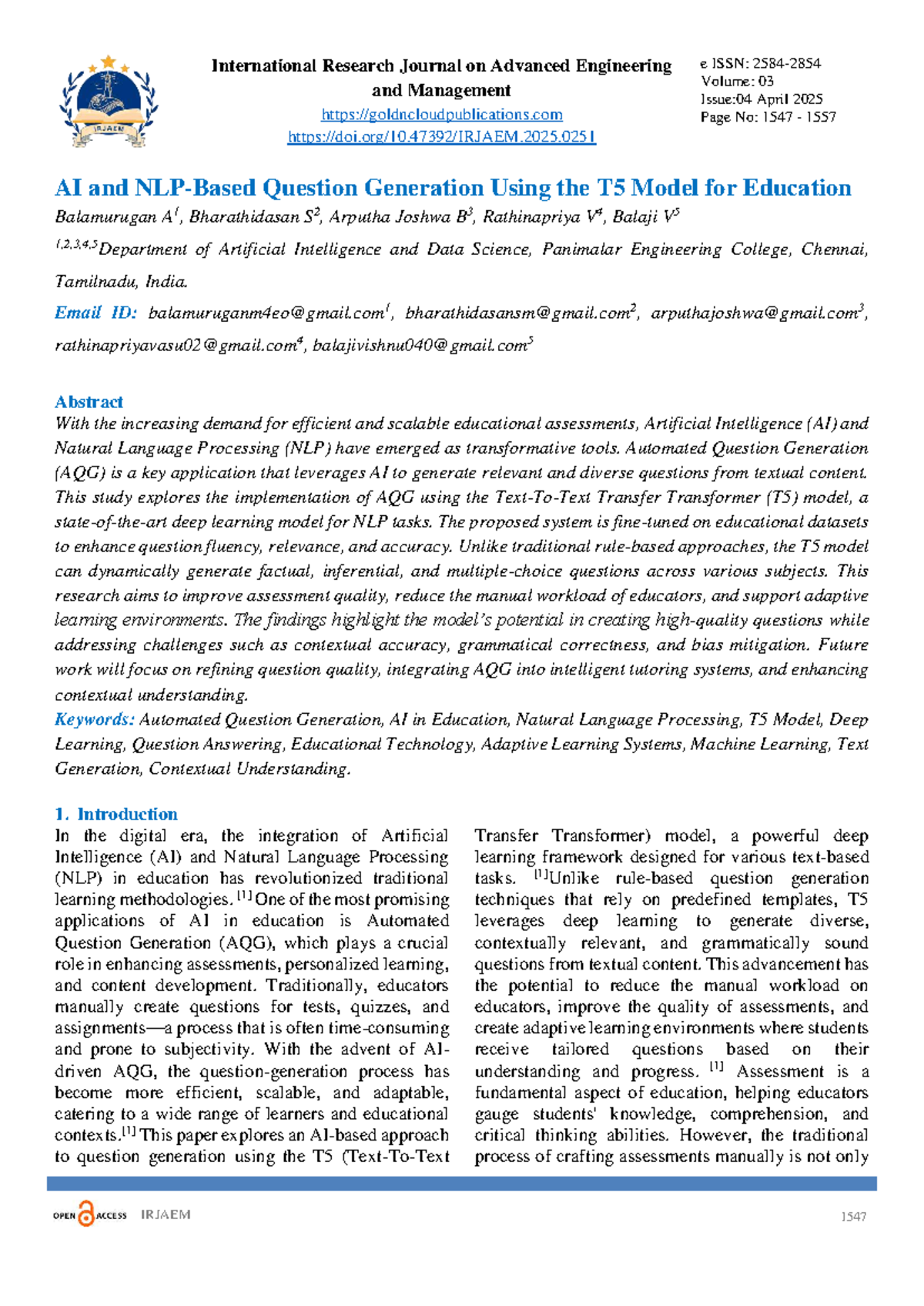 AI-Driven Question Generation Using T5 Model for Education (RSP 3 ...