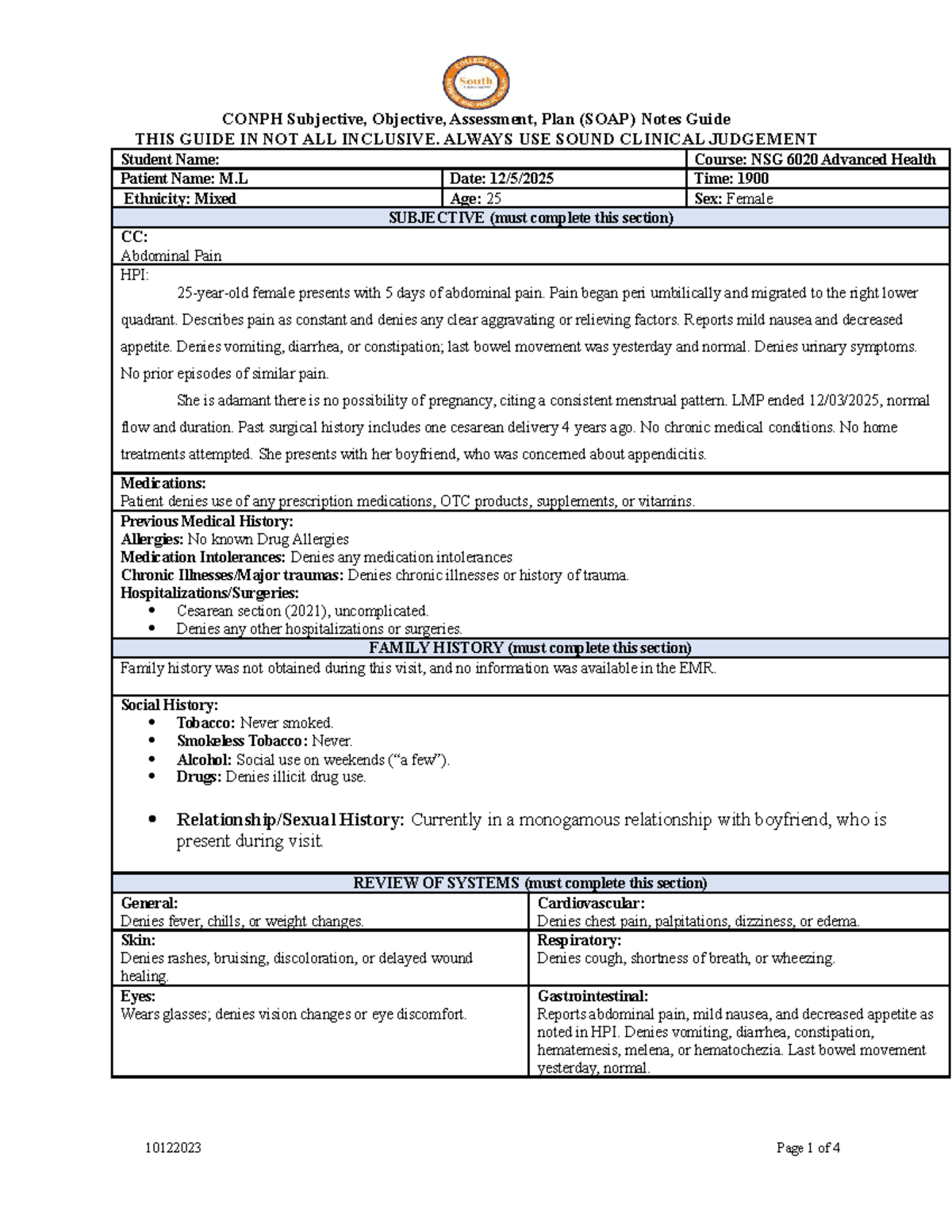 NSG 6020 Week 7 SOAP Notes Guide: Subjective, Objective, Assessment ...