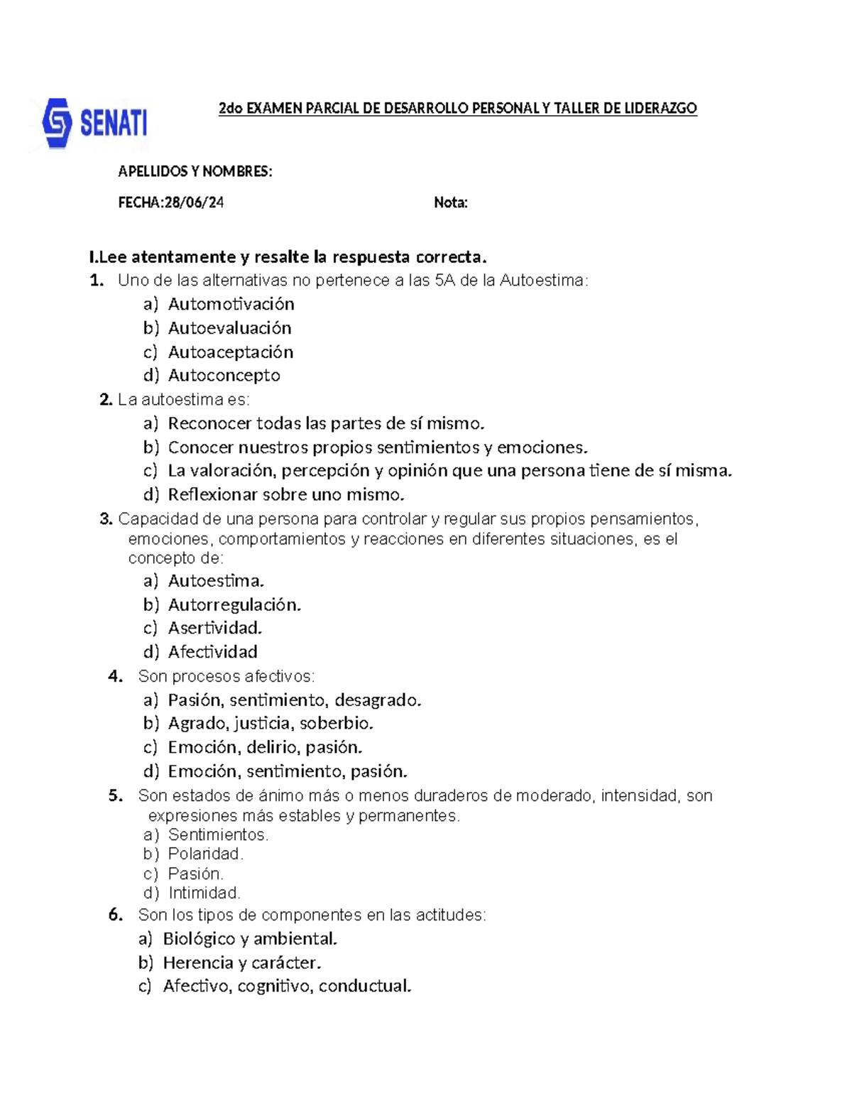 Examen Parcial 2: Desarrollo Personal y Taller de Liderazgo - Studocu