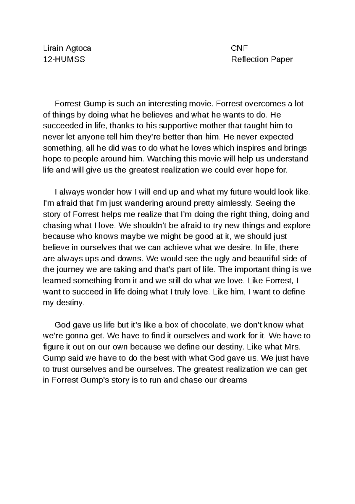 12-HUMSS Final Reflection: Insights from Forrest Gump's Life - Studocu