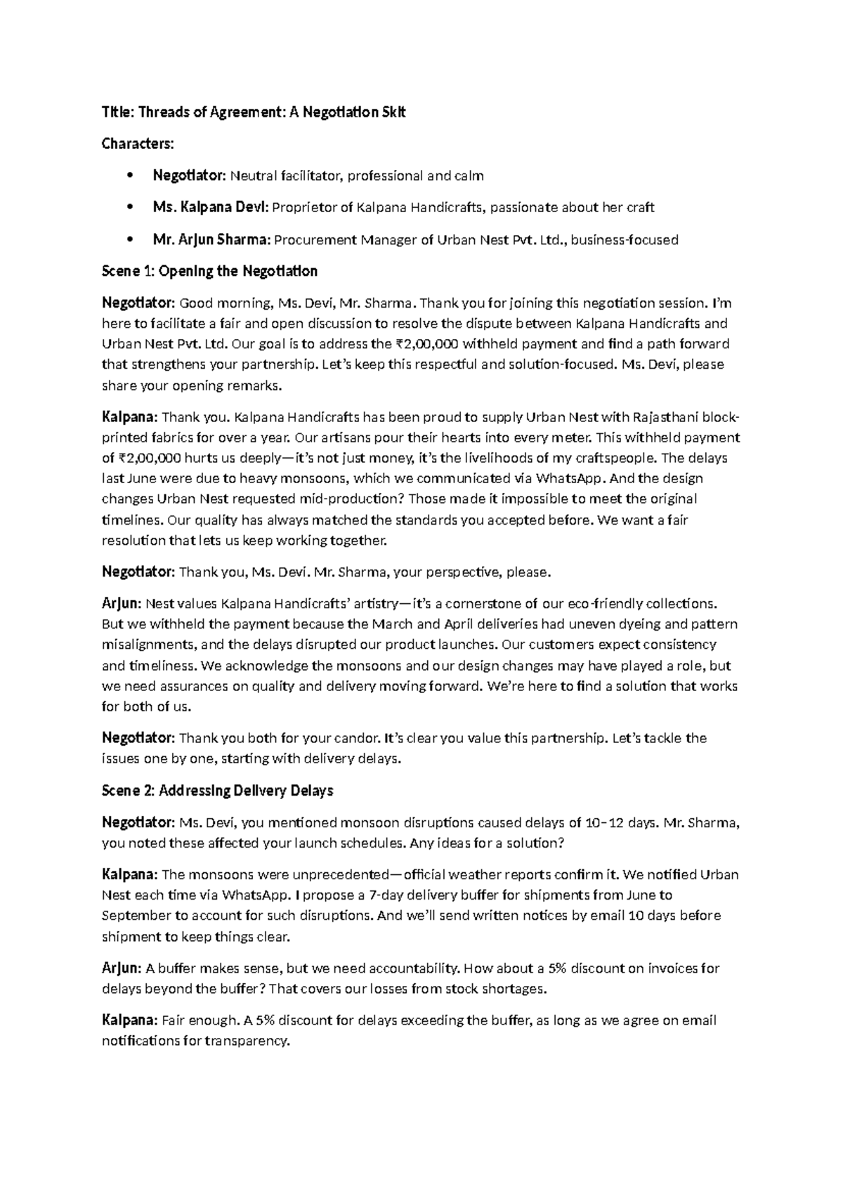 Negotiation Simulation Exercise: Threads of Agreement - Studocu
