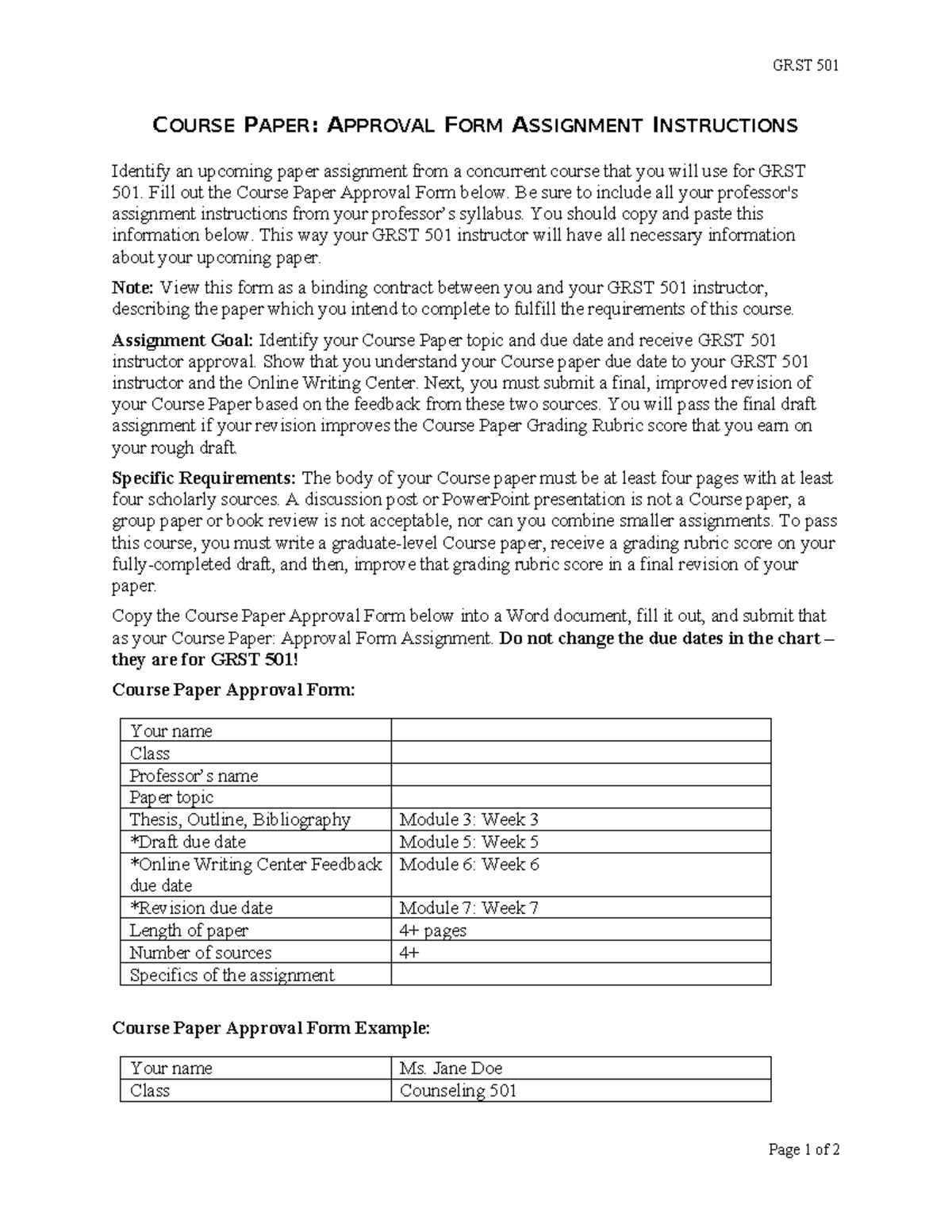GRST 501 Course Paper Approval Form Assignment Guidelines - Studocu