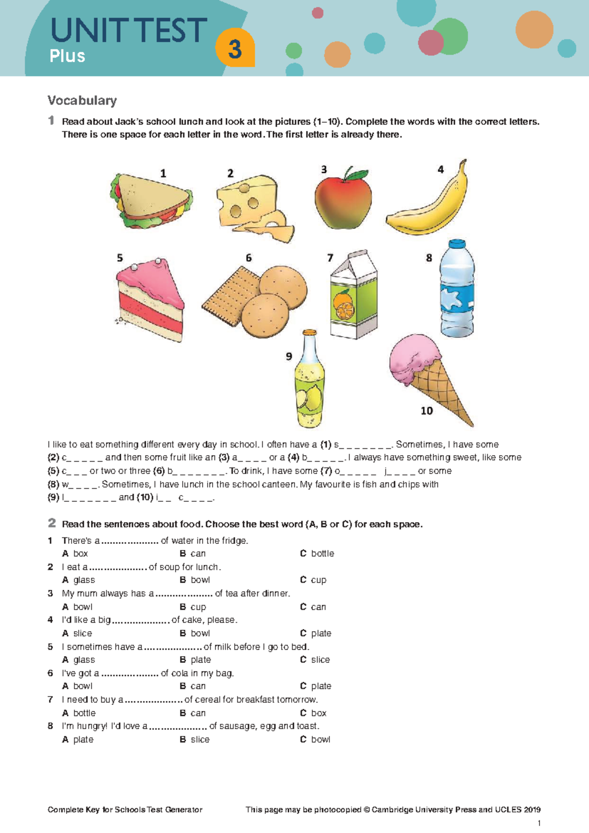 KFS-UT-3P Unit Test: School Lunch Vocabulary & Fill-in-the-Blanks - Studocu