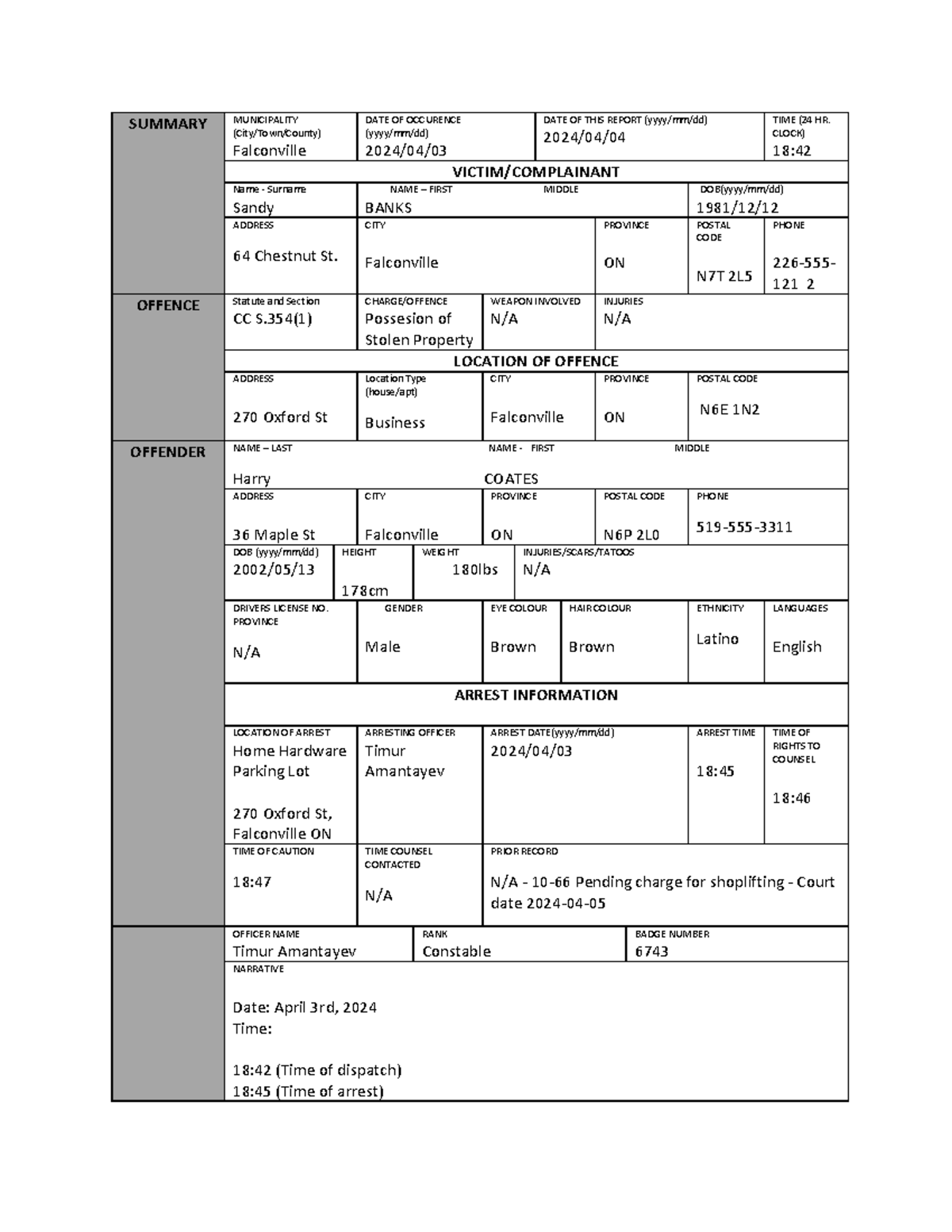 NBCP NEIGHBOUR COMPLAIN　1LP Occurence Report 1 - Neighbour Dispute - FALCONVILLE POLICE