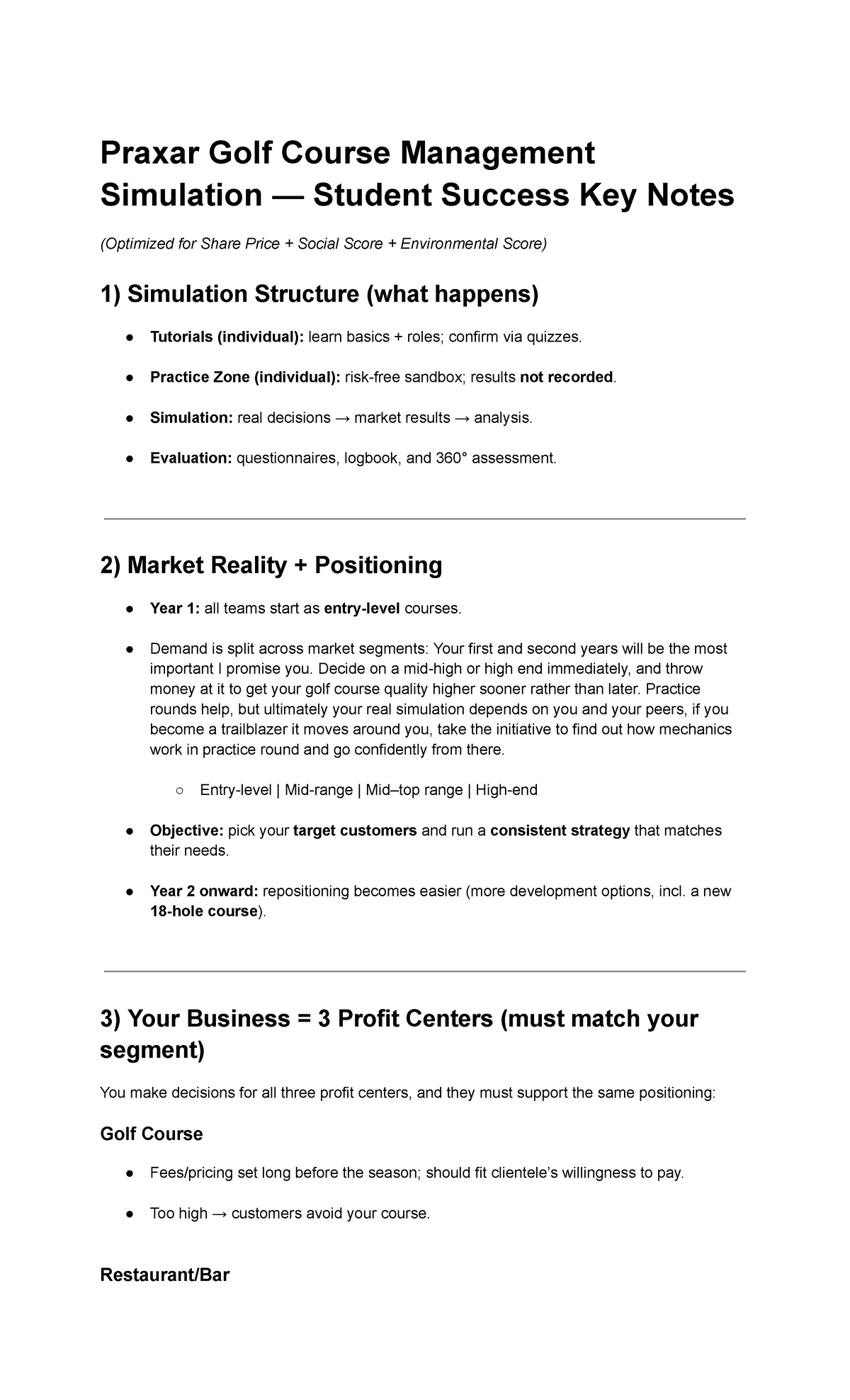 Praxar Golf Course Management Simulation: Key Success Notes (Group ...