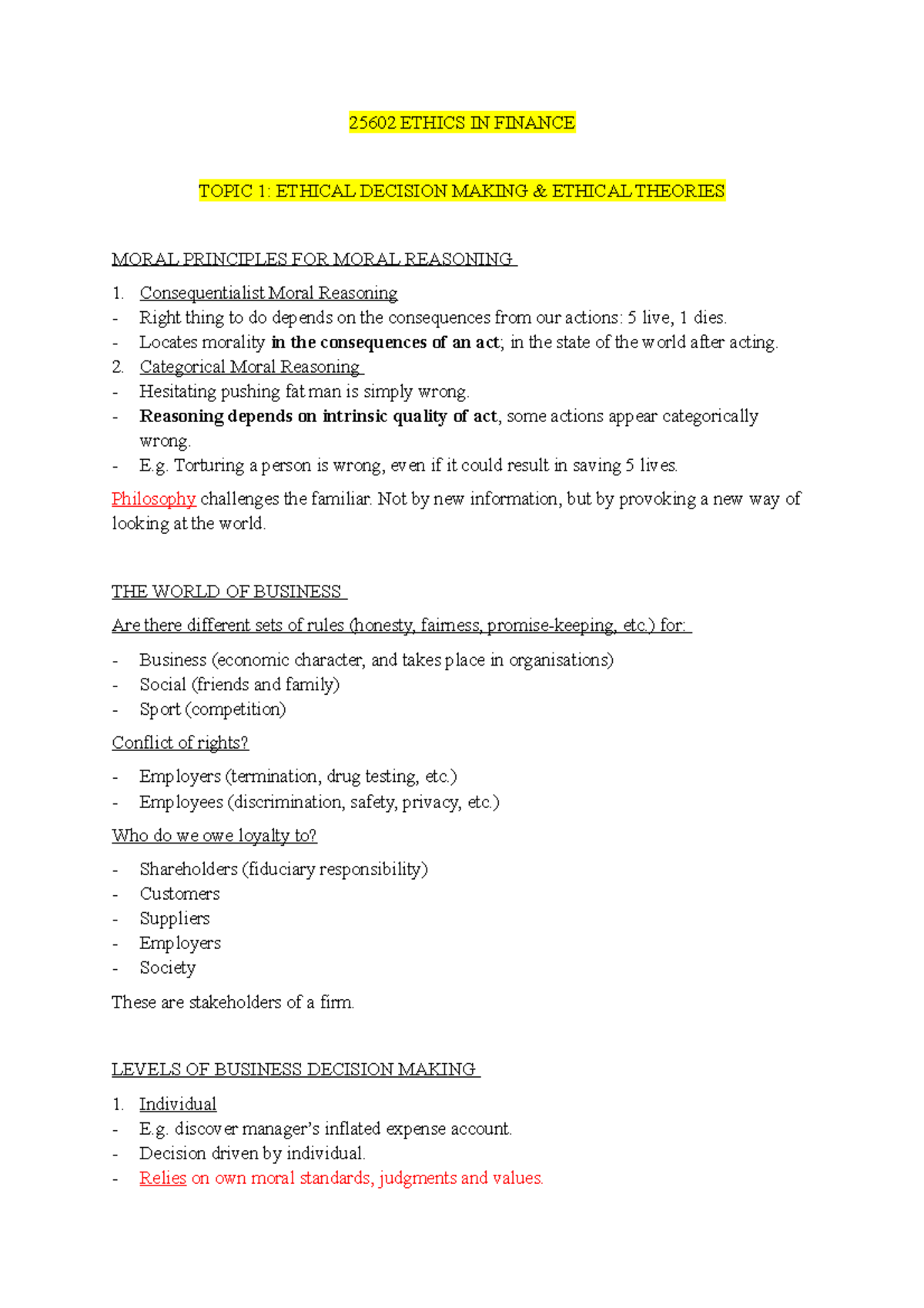 25602 Ethics in Finance: Lecture 1 Notes on Ethical Decision-Making ...