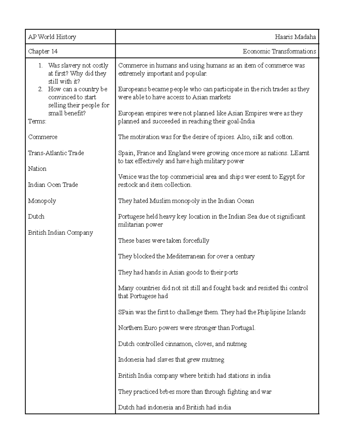 Ch 14 Cornell Notes - Economic Transformations in AP World History ...