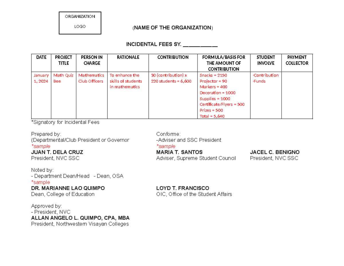 Incidental Fees Template for Math Quiz Contribution - NVC 2024 - Studocu