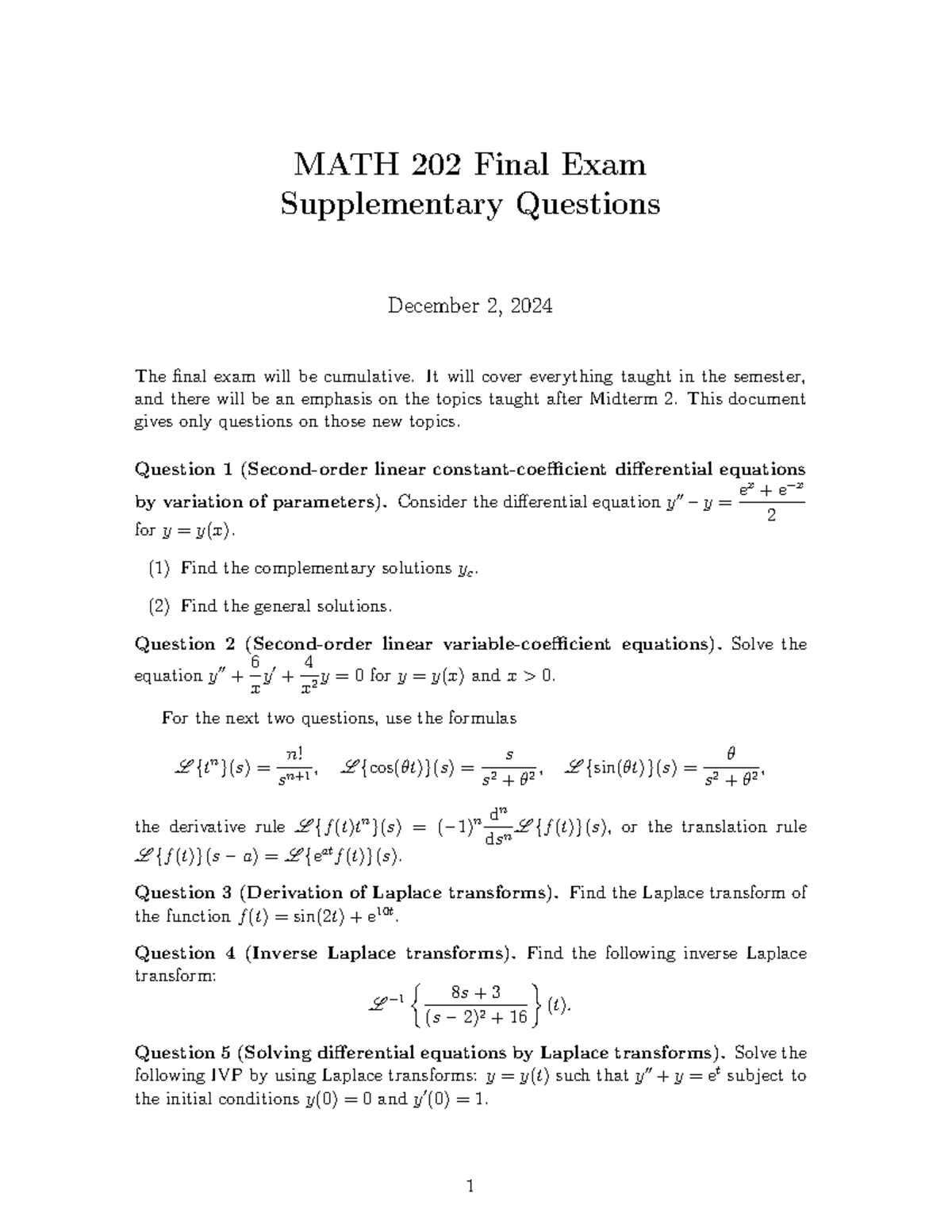 Final exam supp Fall 2024 - MATH 202 Final Exam Supplementary Questions ...