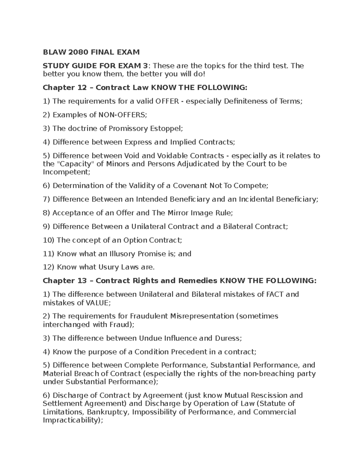 BLAW 2080 Final Exam Study Guide: Key Topics & Concepts Review - Studocu