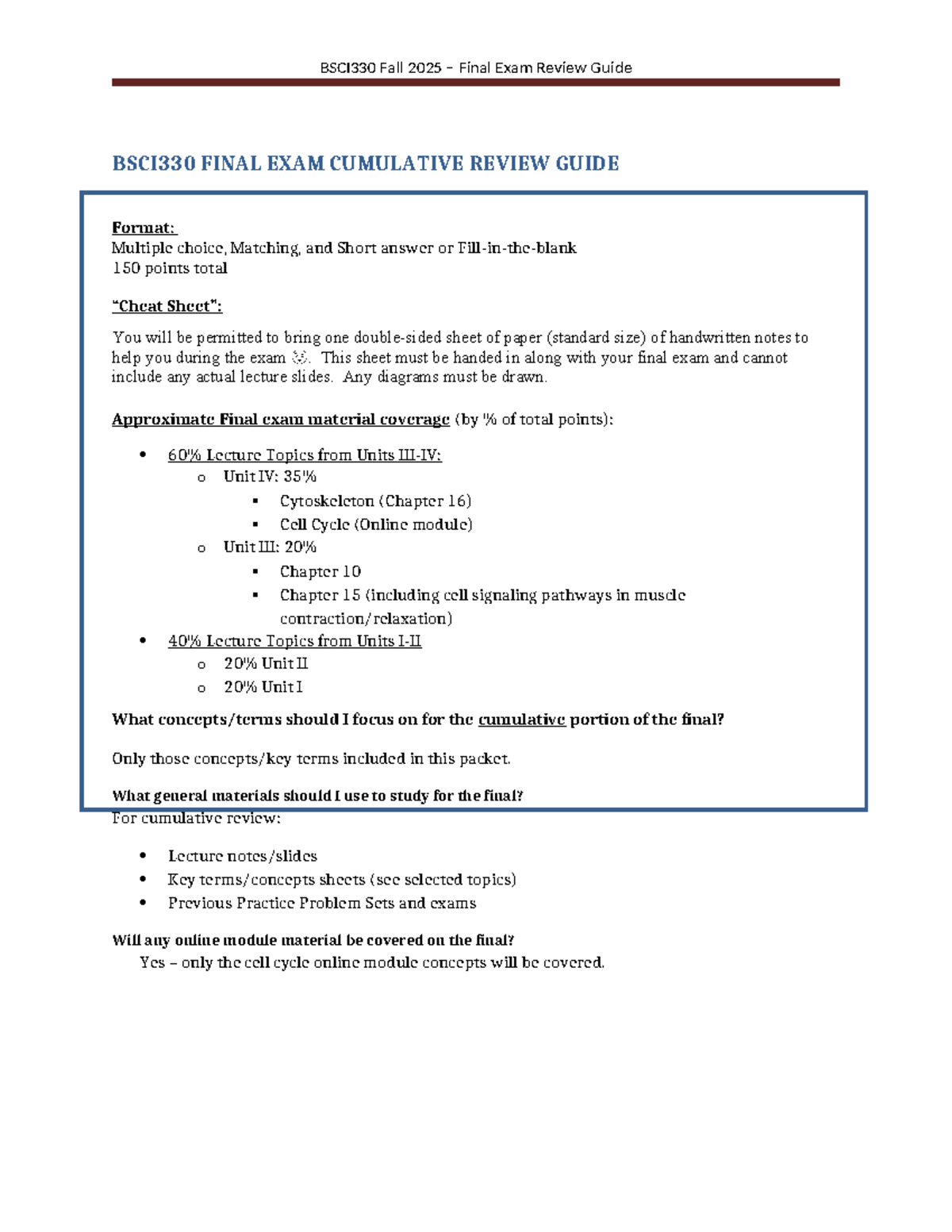 BSCI330 Fall 2025 Final Exam Cumulative Review Guide - Studocu