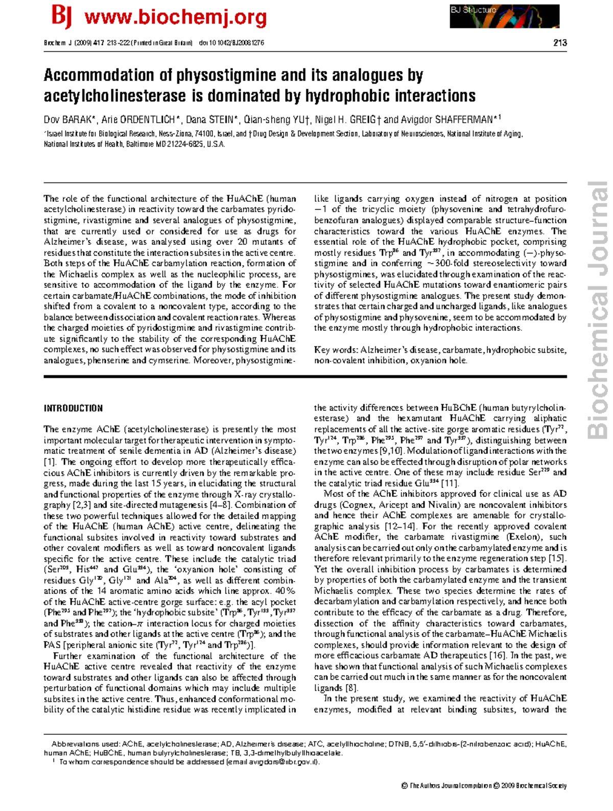 Study on Hydrophobic Interactions in HuAChE with Physostigmine ...