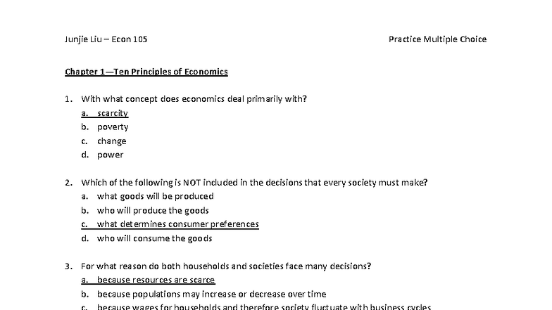 Econ 105 Practice MCQs: Principles of Economics Chapter 1 - Studocu
