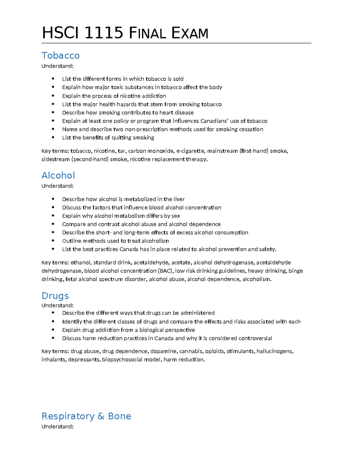 HSCI 1115 Final Exam Review: Tobacco, Alcohol, Drugs, and More - Studocu