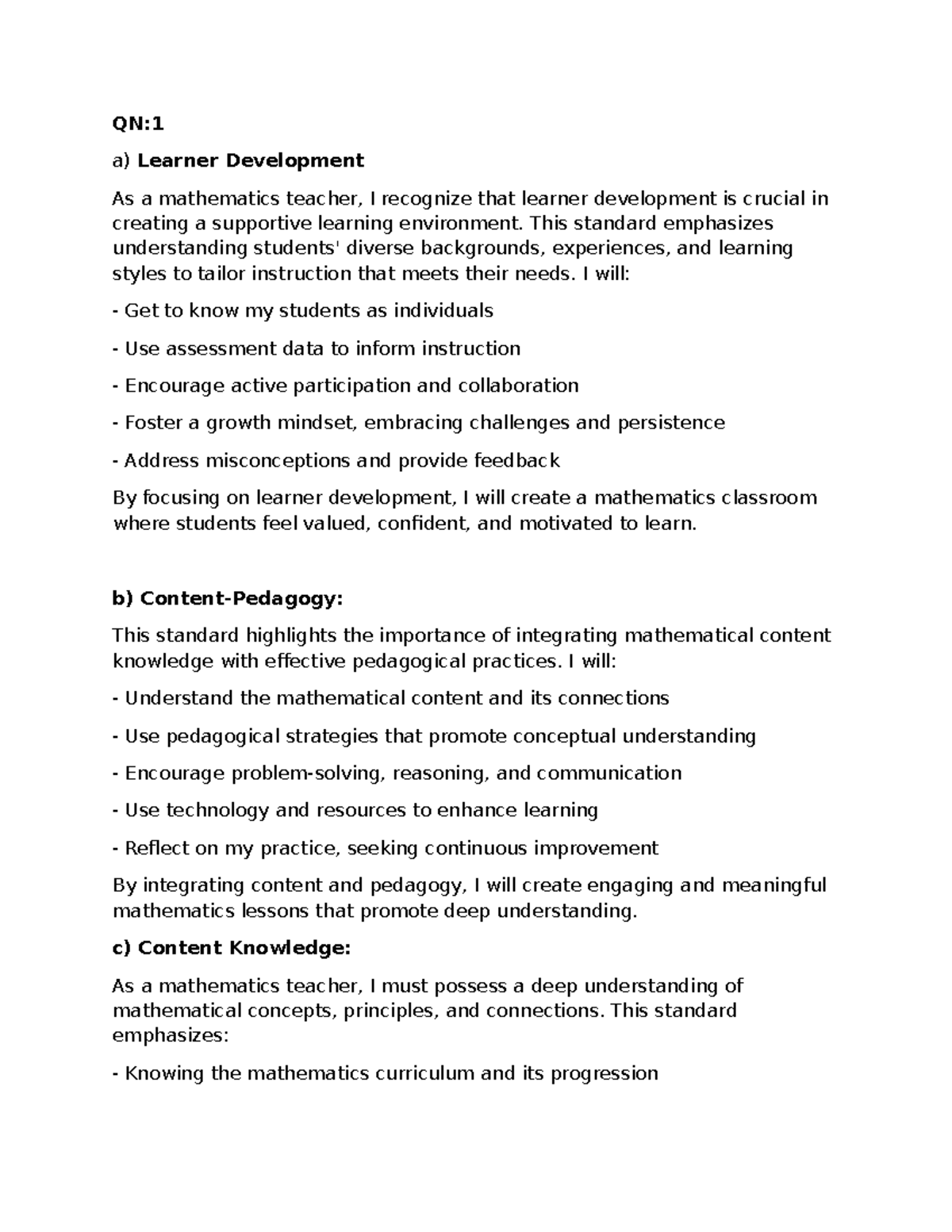 Math Methodology - Right - QN: a) Learner Development As a mathematics ...