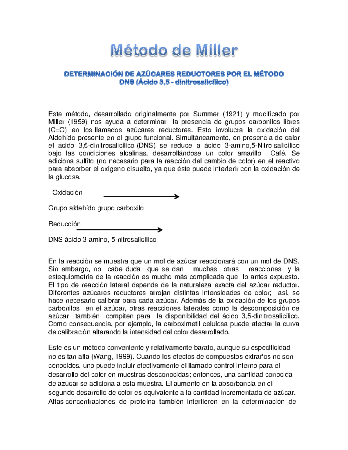 Método de Miller para la Determinación de Azúcares Reductores - Studocu