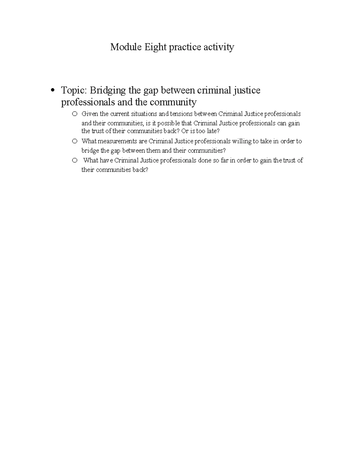 CJ 205 Module Five: Policing History and Evolution Activity Template ...