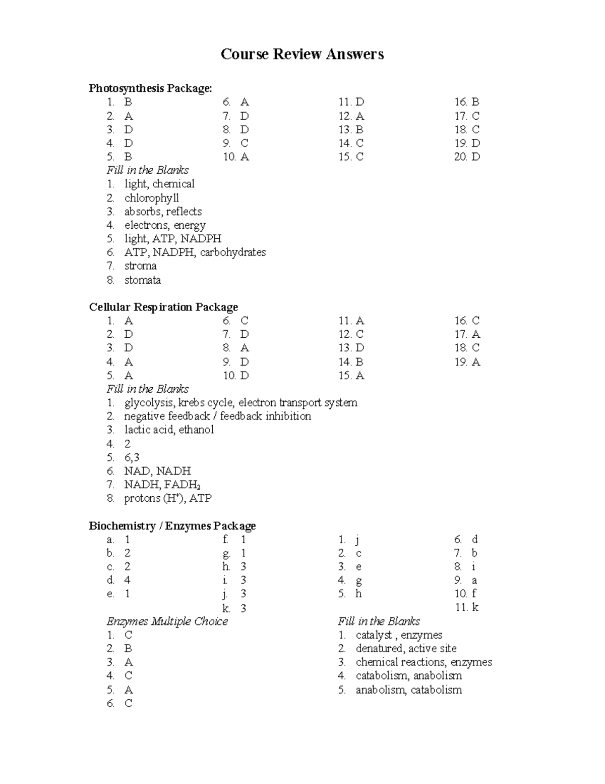 Bio 20 Course Review: Photosynthesis, Respiration & More - Studocu