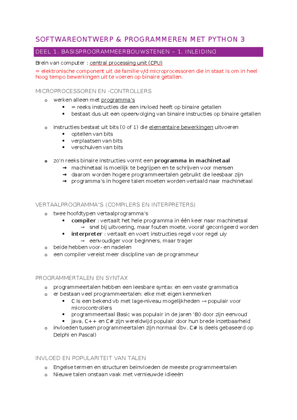 SOFTWAREONTWERP EN PROGRAMMEREN MET PYTHON 3 - H1 SAMENVATTING - Studocu