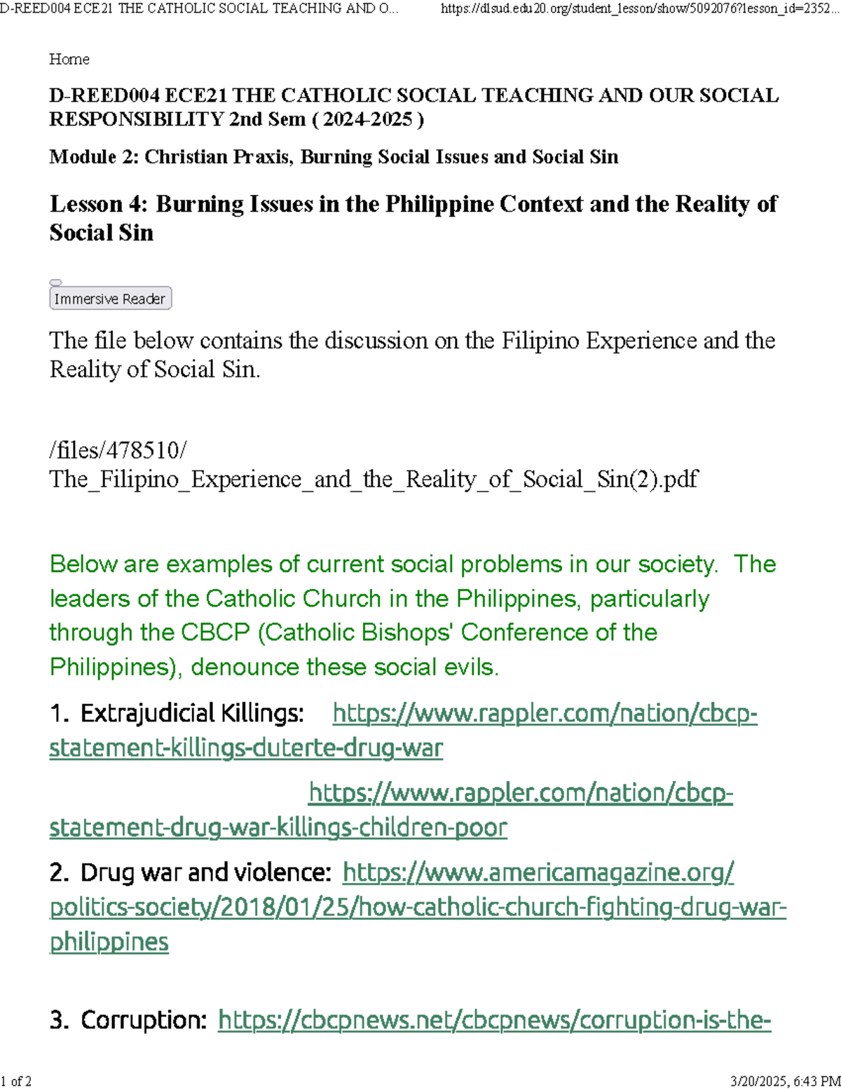 ECE21 Lesson 4: Filipino Experience & Social Sin Issues - Studocu