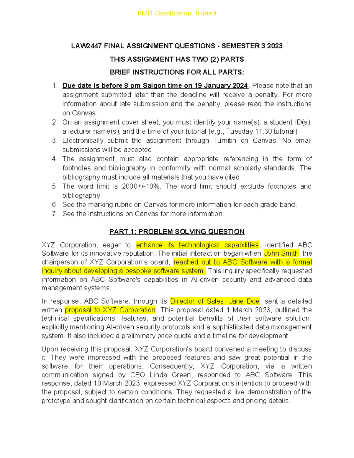 LAW2447 Final Assignment Questions: Common Law Contract Issues Sem 3 ...