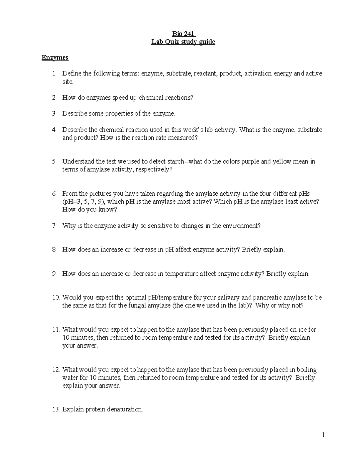 Bio 241 Lab 4 Quiz Study Guide: Enzymes and Their Activity - Studocu
