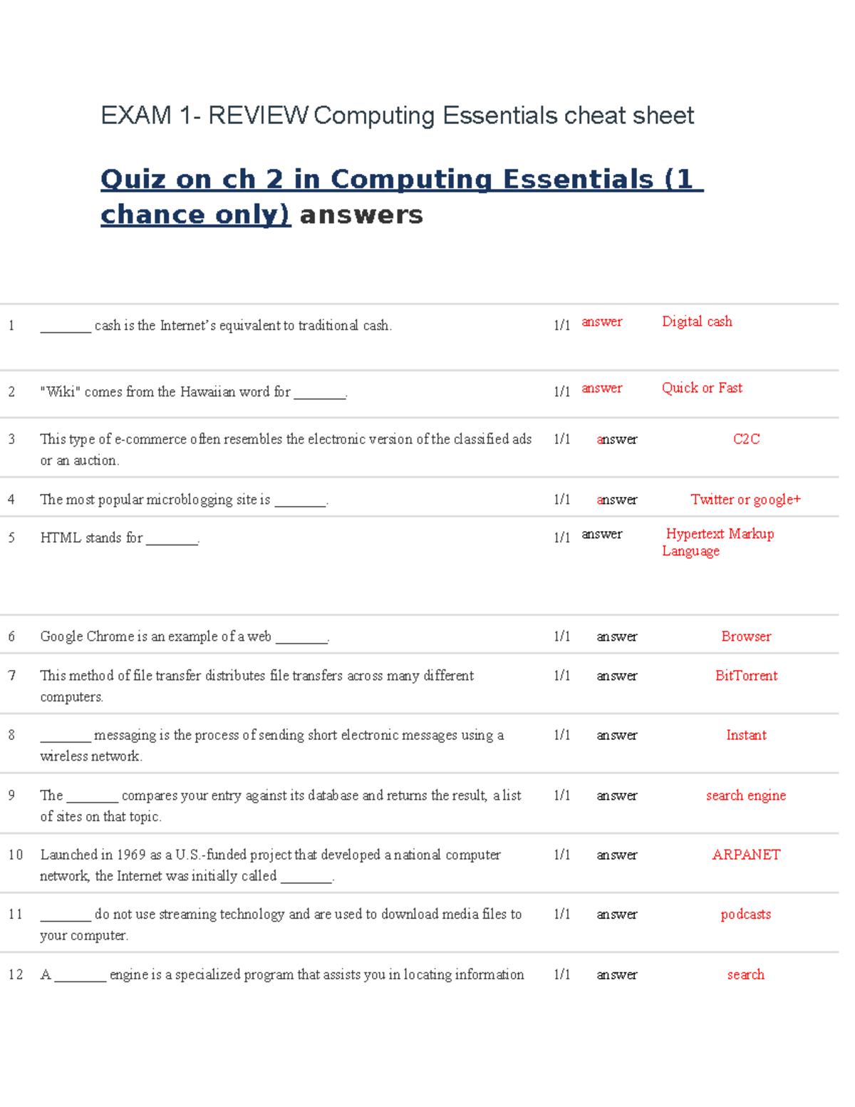 Cheatsheet for first exam in computer essentials - EXAM 1- REVIEW ...