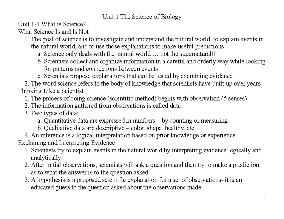 Unit 1: The Science of Biology - Understanding Science and Its Methods ...