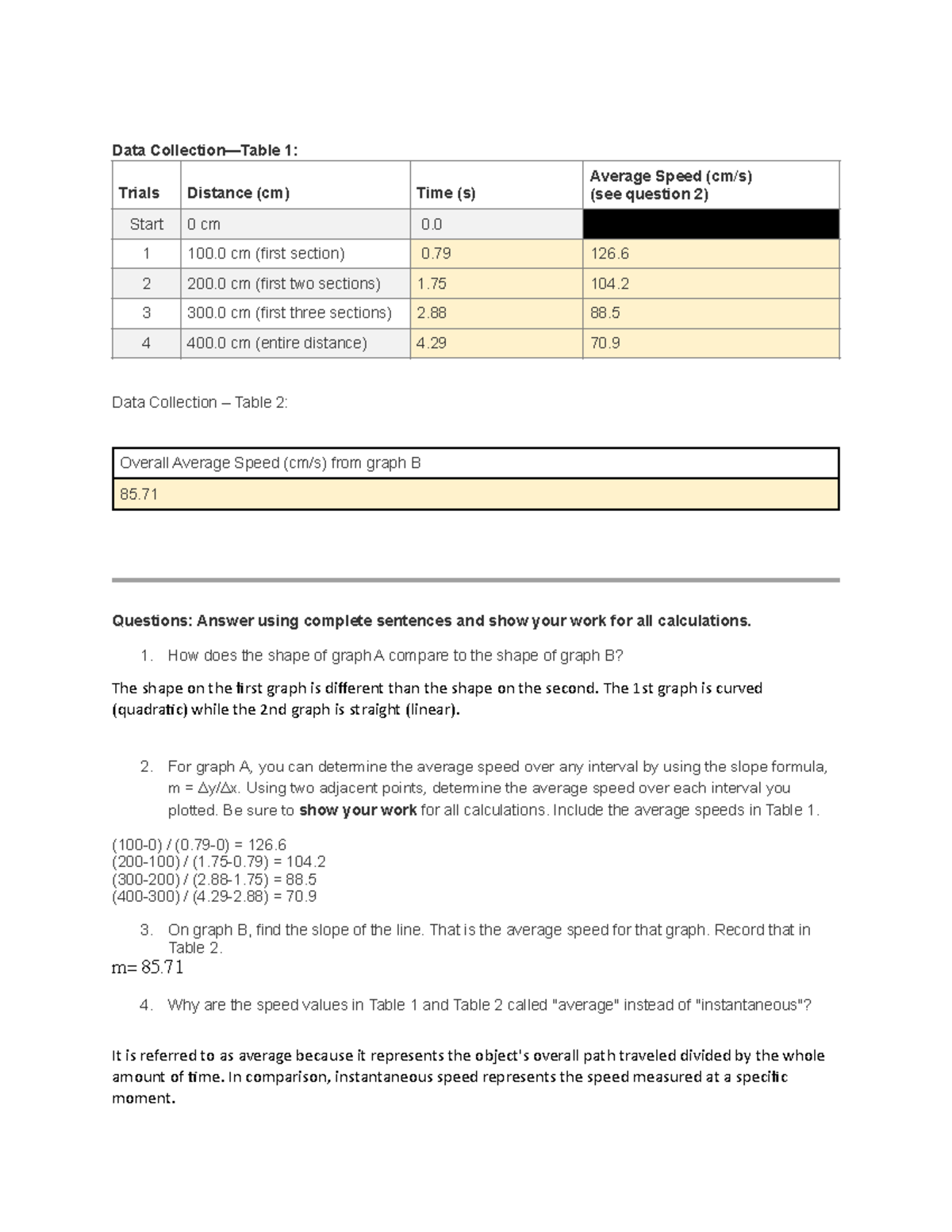 1.08 Lab Report: Data Collection & Analysis of Average Speeds - Studocu